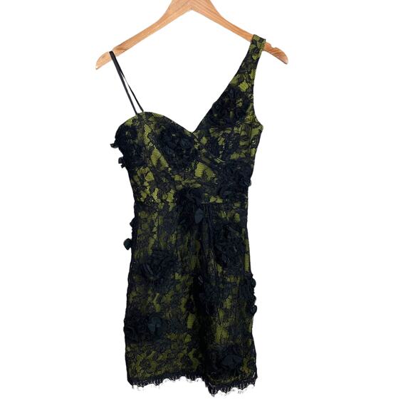 BCBGMaxAzria Jennifer One Shoulder Black Yellow Lace Floral Sheath Dress 0 XS - Picture 2 of 12